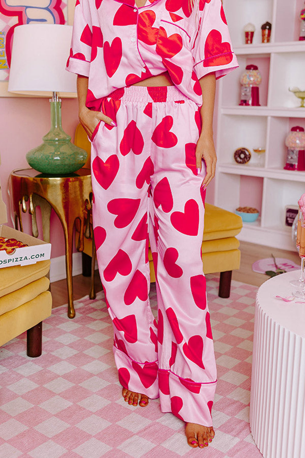 Ensemble pyjama pantalon à manches courtes rose coeur classique Saint-Valentin