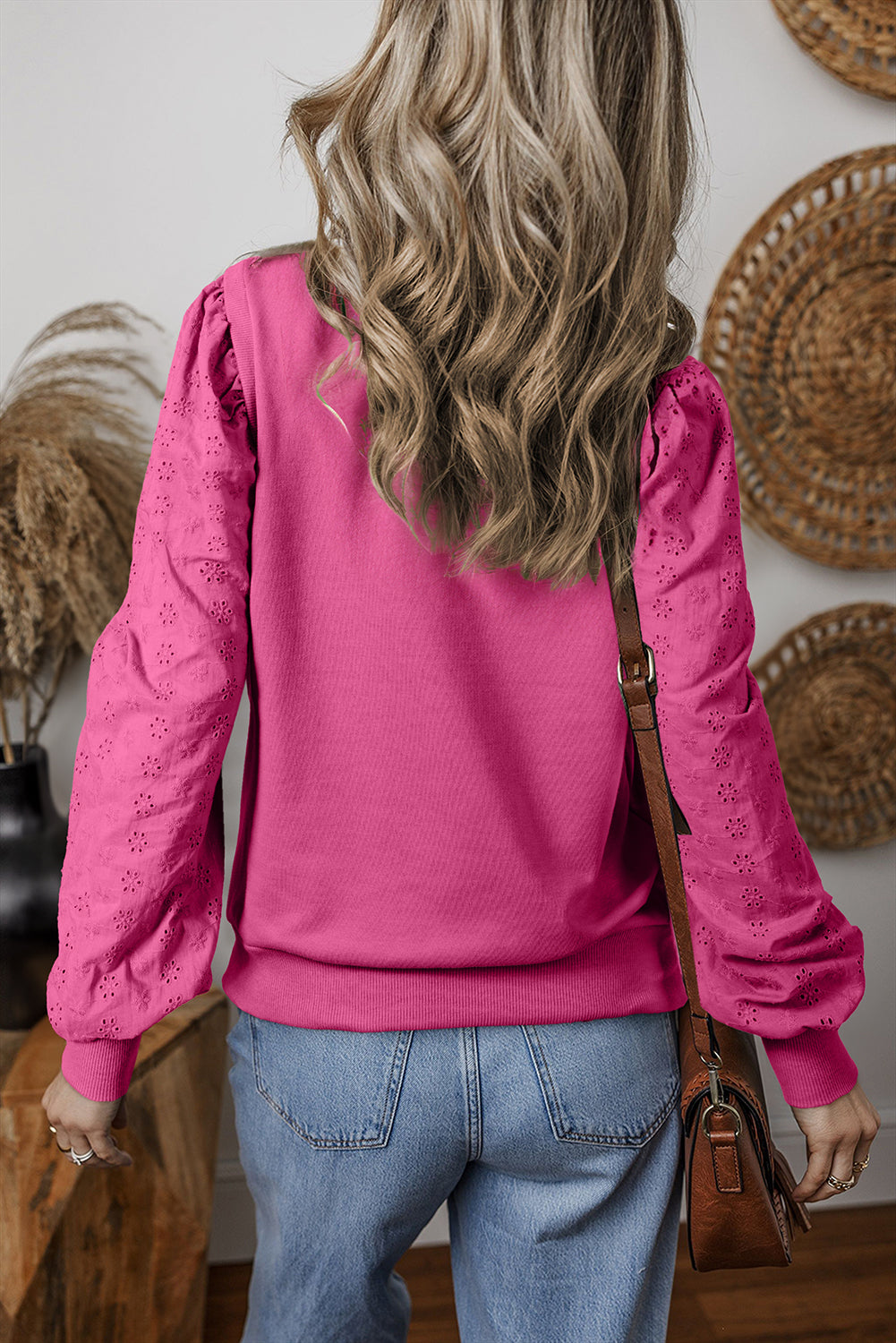 Sudadera de cuello redondo de mosaico con textura rosa brillante