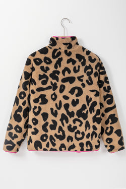 Chaqueta de vellón fluiva con cremallera y bloque de color de bolsillo de leopardo