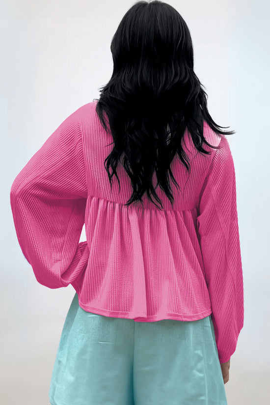 Babydoll bright pink blouse in V -neck and bubble sleeves