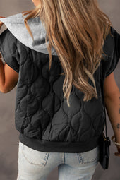 Black quilted hooded vest with drawstring zipper