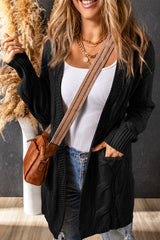 Cardigan noir en maille torsadée à œillets et bordures côtelées-A WOMAN WE LOVE