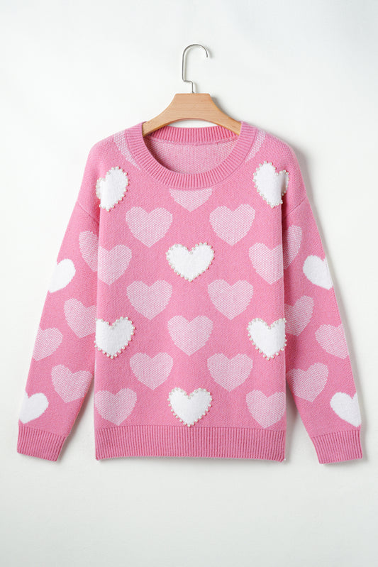 Pink Crew Neck Sweater with Pearl Heart Print for Valentine's Day