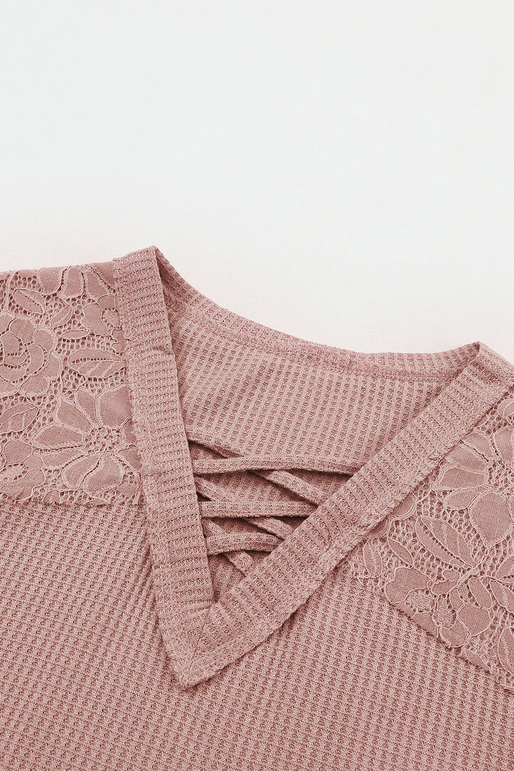 Pink Lace Waffle Patchwork Strappy V Neck Long Sleeve Top