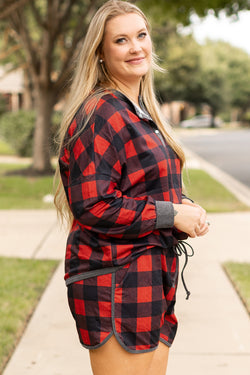 Plus Size Fiery Red Christmas Buffalo Print Henley Top and Shorts Set