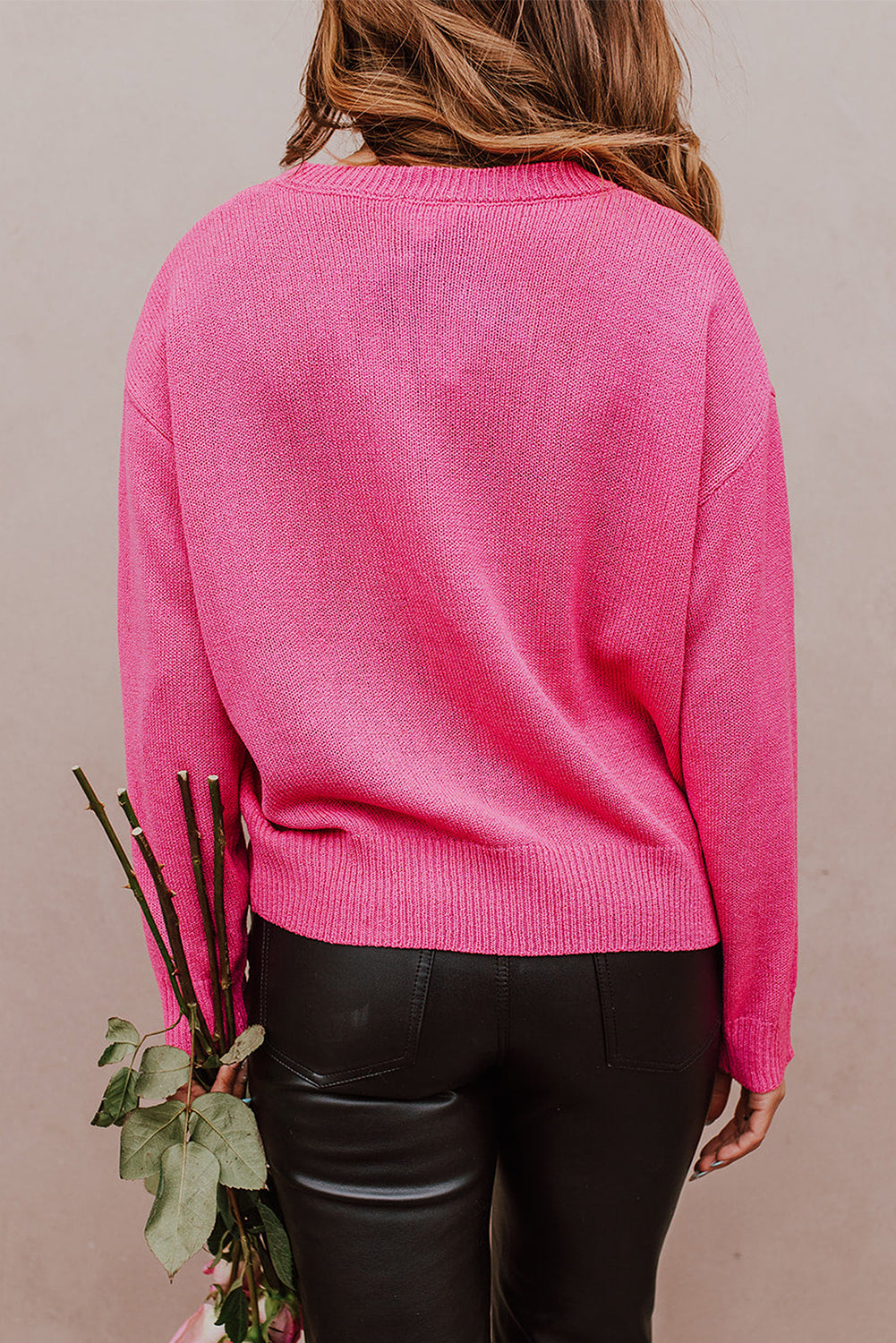 Rose Herz Xoxo Muster Drop Schulterrippenstrickpullover