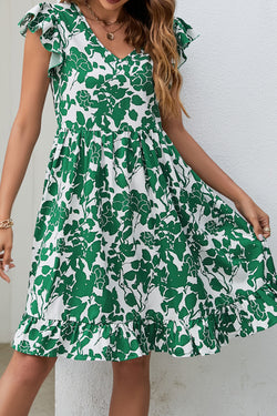 Dark green leaf print v-neck dress with flutter sleeves