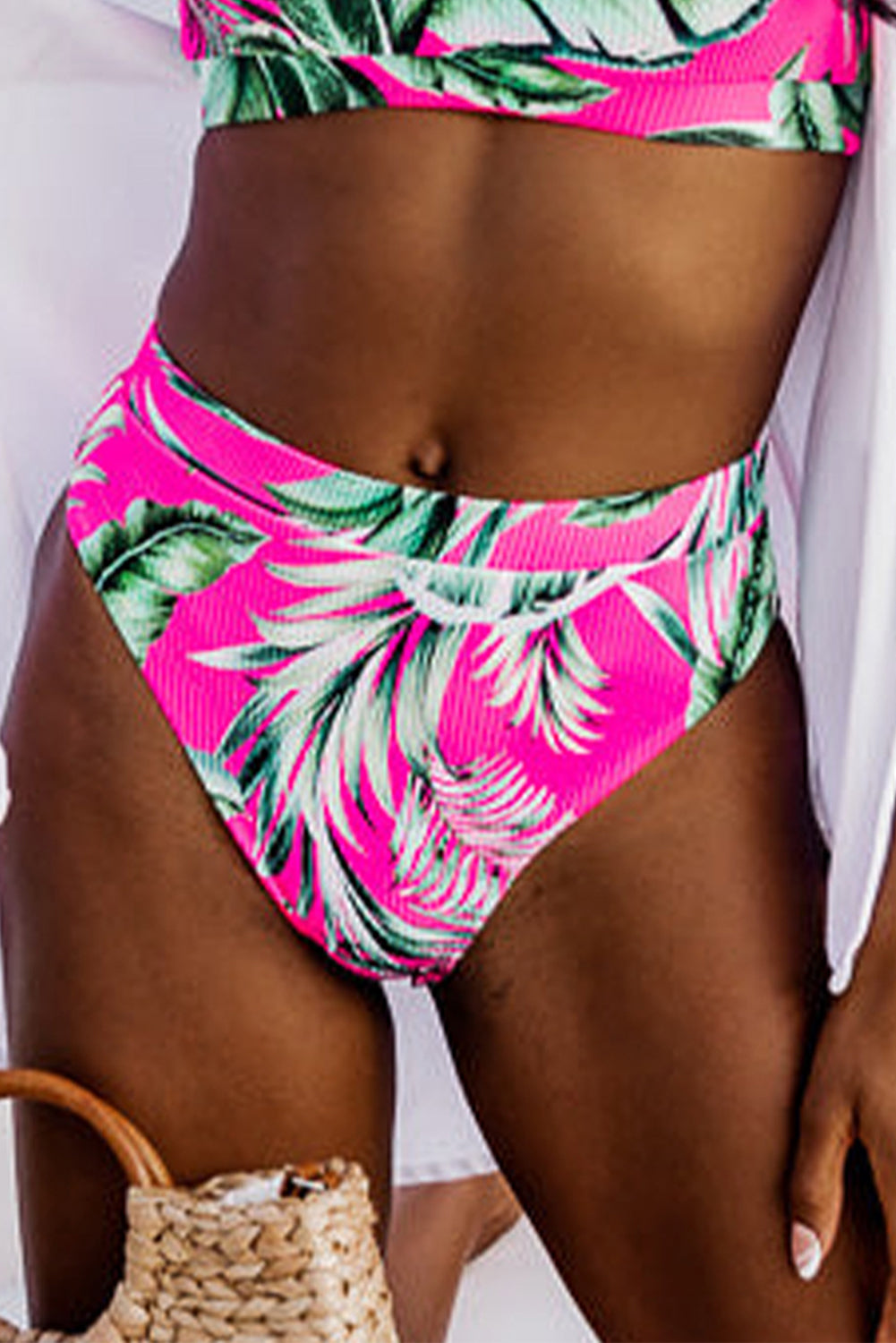 Rose Tropical Print Textured Bikini Bottoms