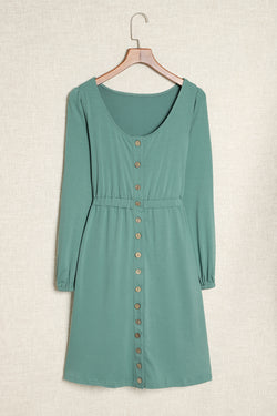 Green long sleeve high waist buttoned dress