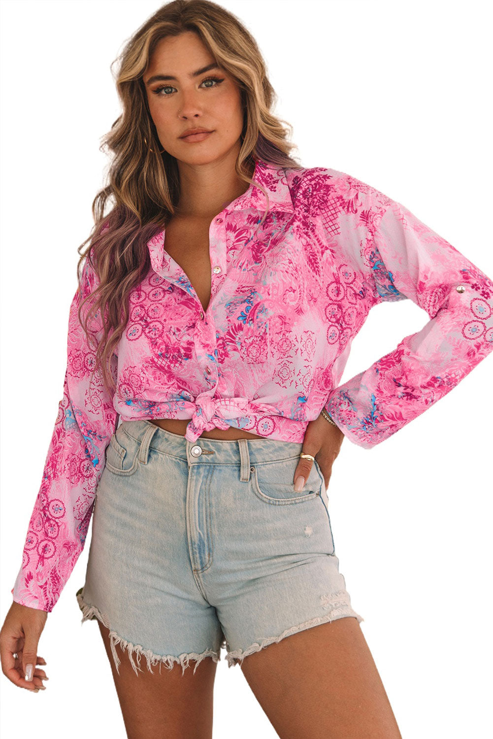 Shirt à manches à manche en rouleau florale rose baroque