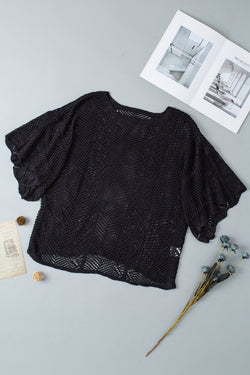 Black high with short sleeves in Pointelle mesh with scalloped edges