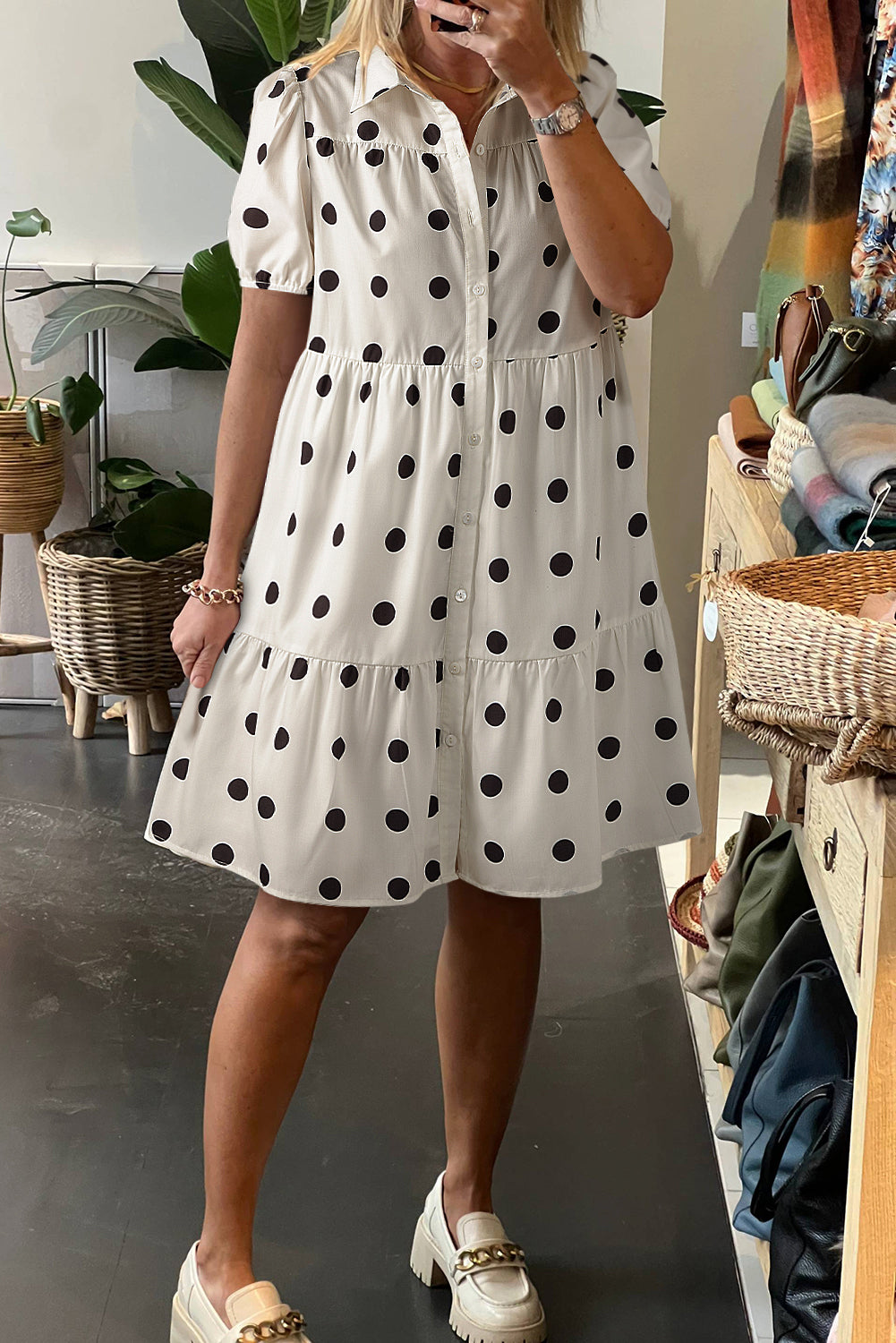 White Babydoll dress with polka dots and sleeve collar *