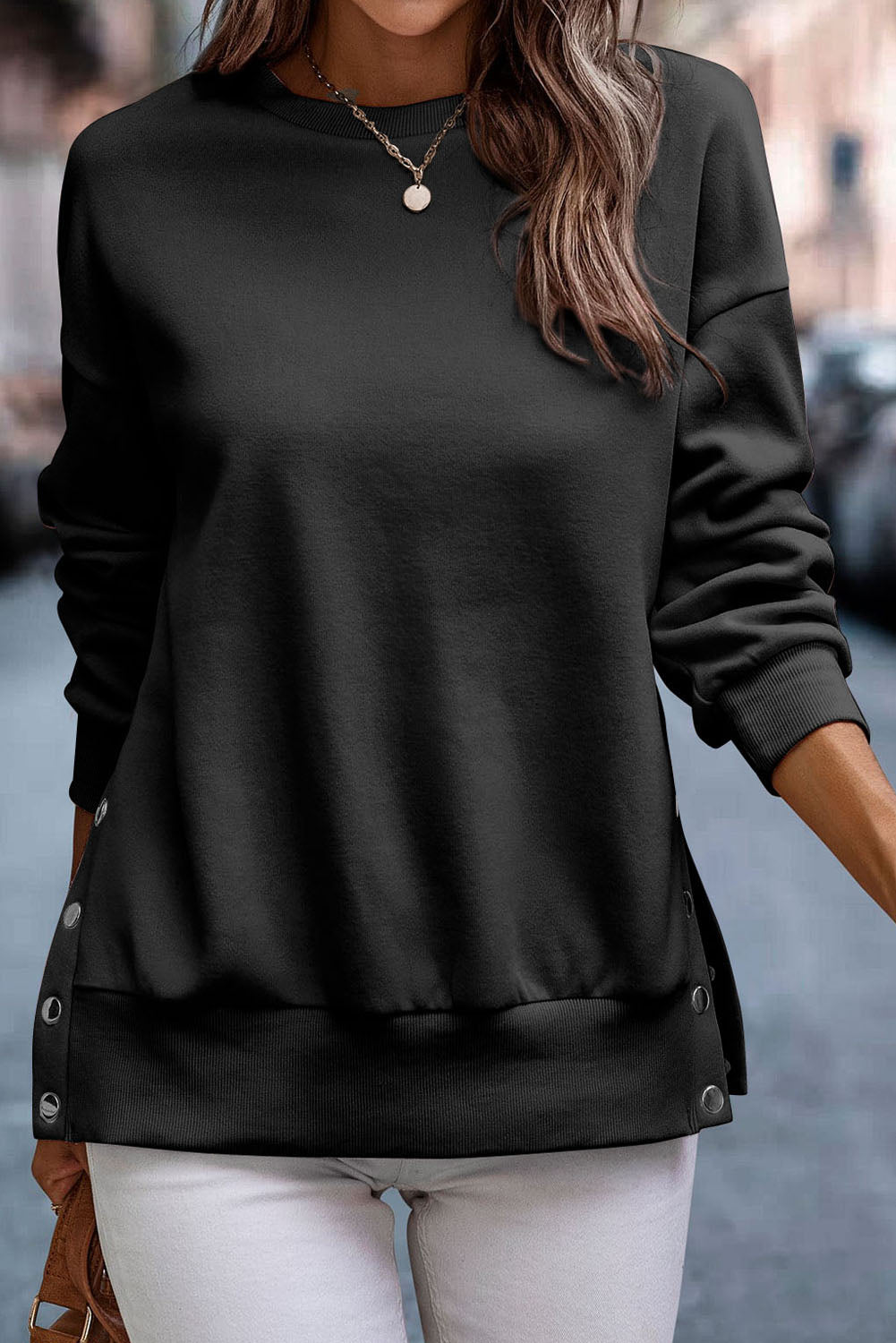 Black Snap Buttons Side se divise le sweat-shirt Pullover