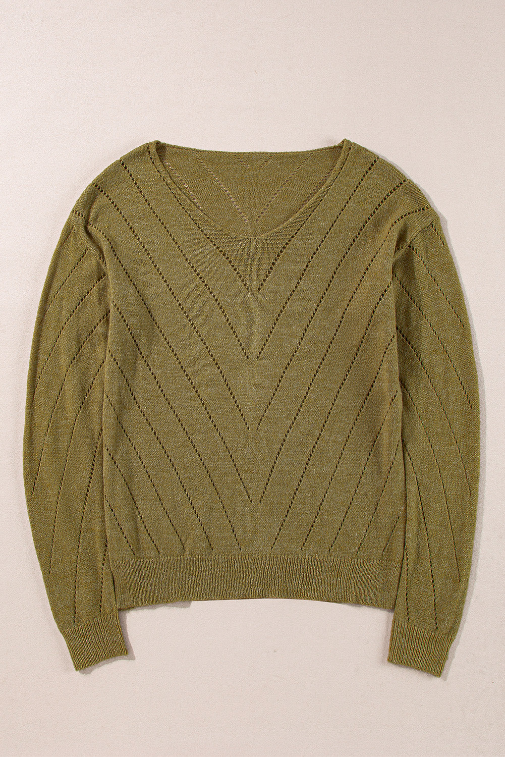 Sage Green V-Neck Drop Shoulder Sweater with Plain Eyelets