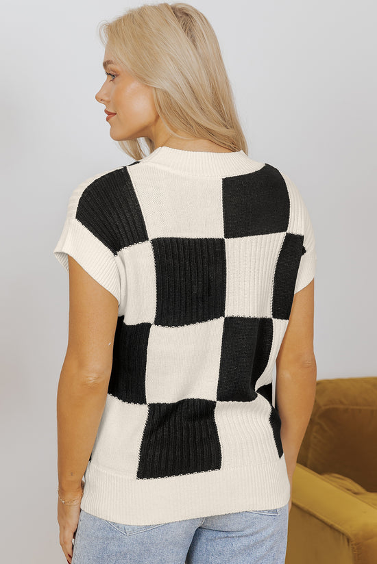 Black sweater with short sleeves and round tiles color block