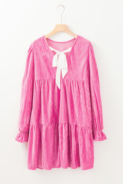 Mini-robe en velours à volants et manches volantées rose fraise