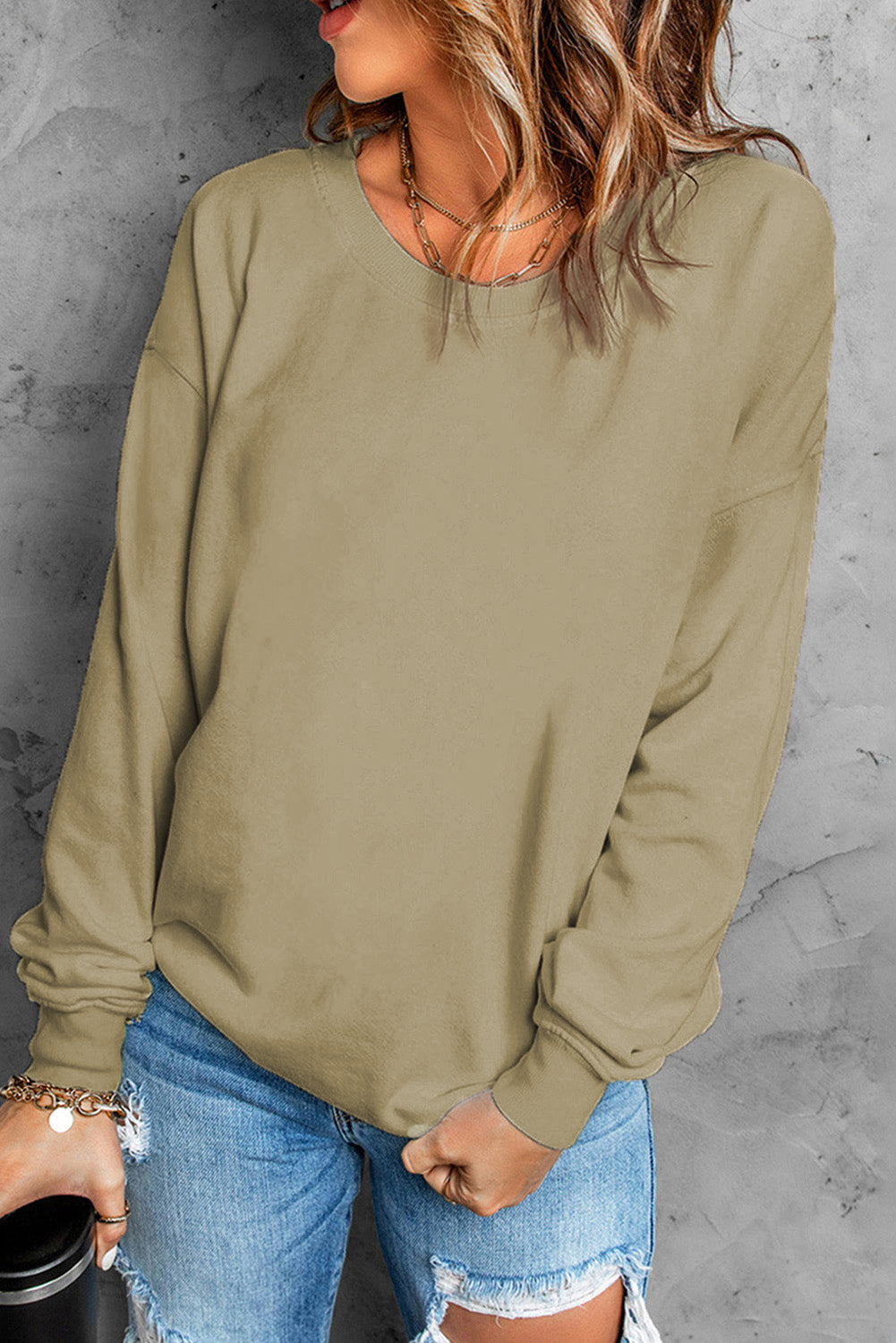 Khaki Plain Crew Neck Pullover Felpa