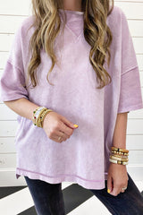 Surprised t-shirt with drooping shoulders and visible seams with mineral washed out and orchid petals