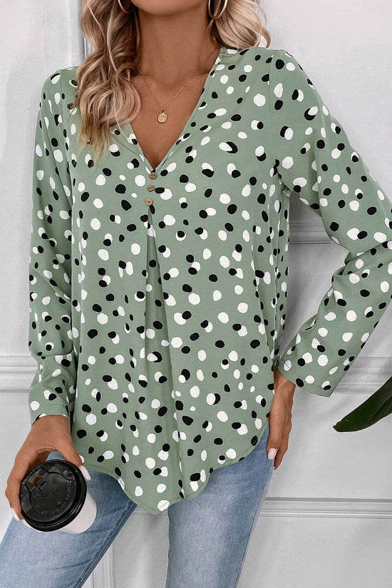 Green polka dot blouse and buttoned print *