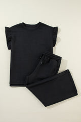 Ensemble haut d'été noir à manches à volants et pantalon ample court-A WOMAN WE LOVE