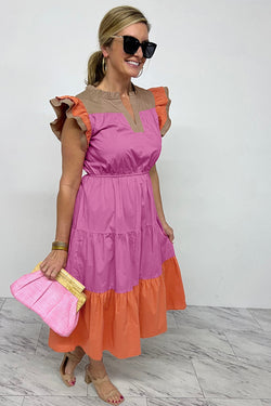 Basy -sleeved candy dress and notched collar on several levels and color blocks