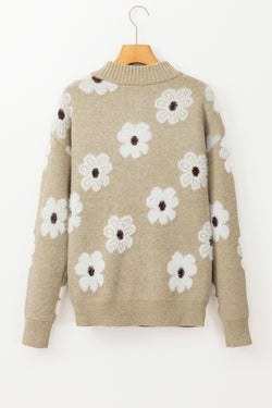 Khaki sweater with floral motif and half-zip *