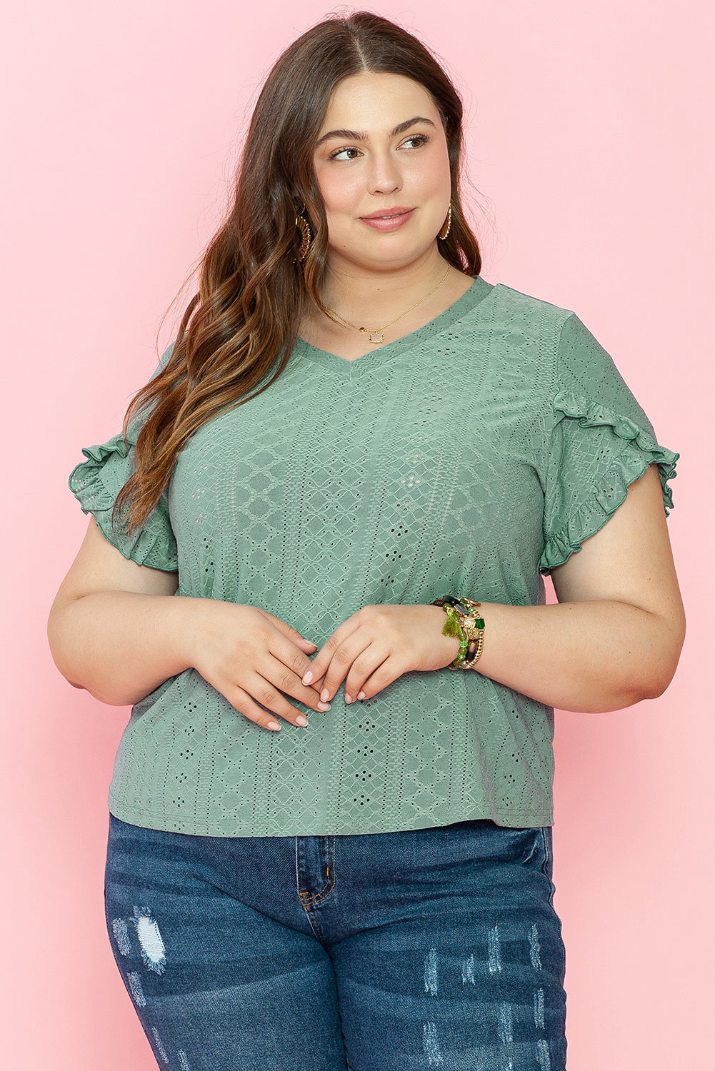 Laurel Green Petal manga Jacquard v Neck Curvy Blusa