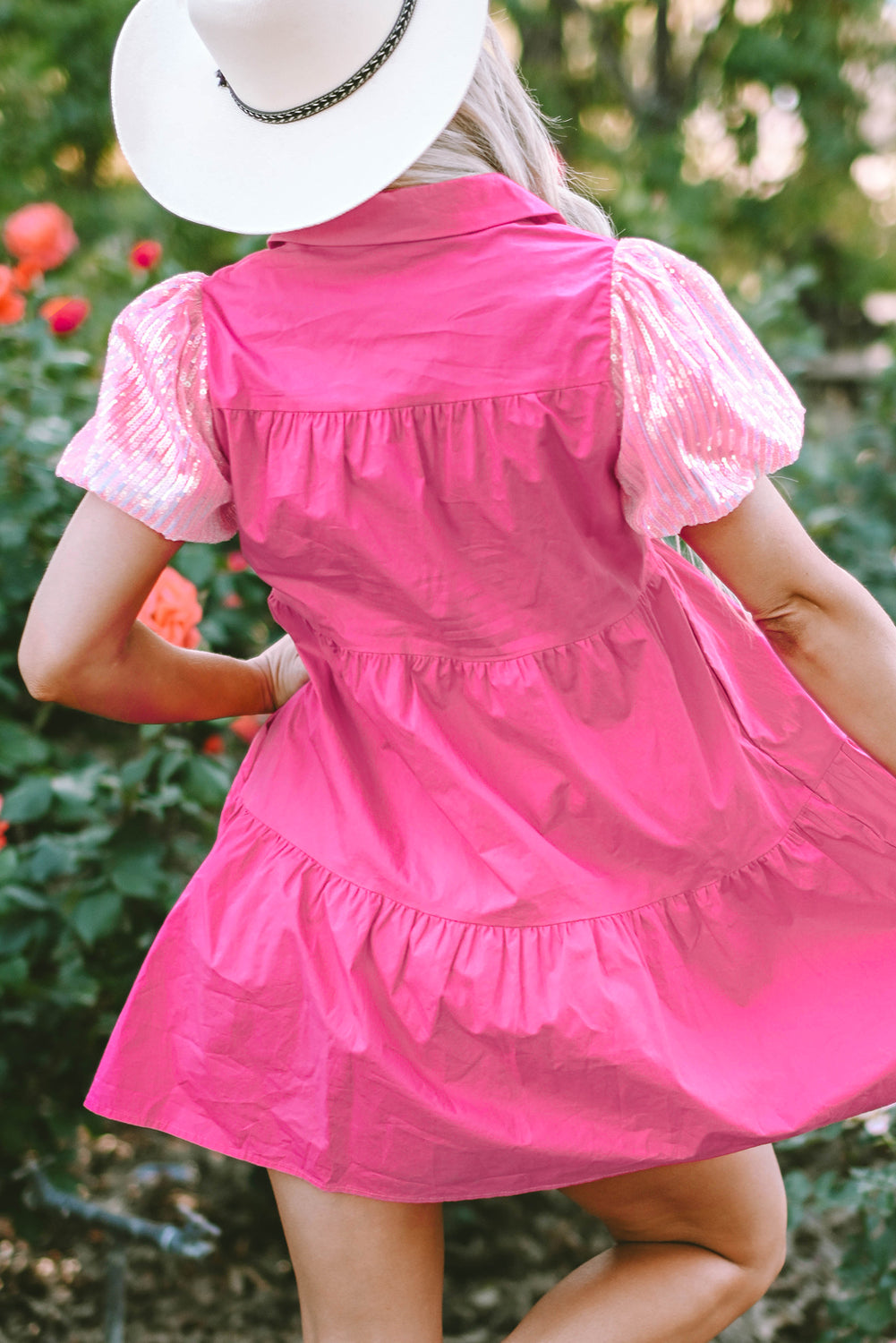 Vestido de camisa con rubor de manga de burbujas de lentejuelas de Bonbon