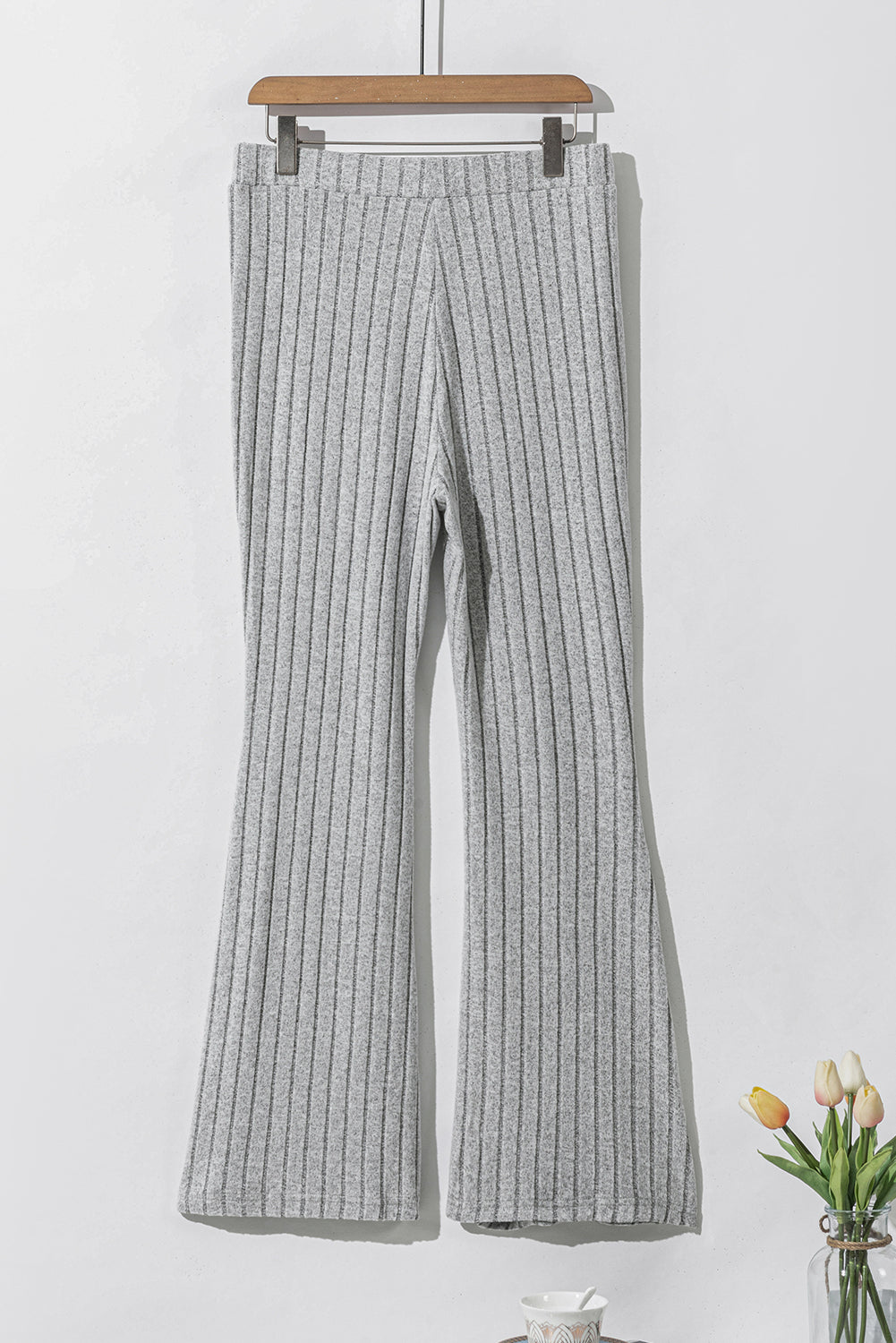 Solid Color Grey High Waisted Ribbed Flare Pants