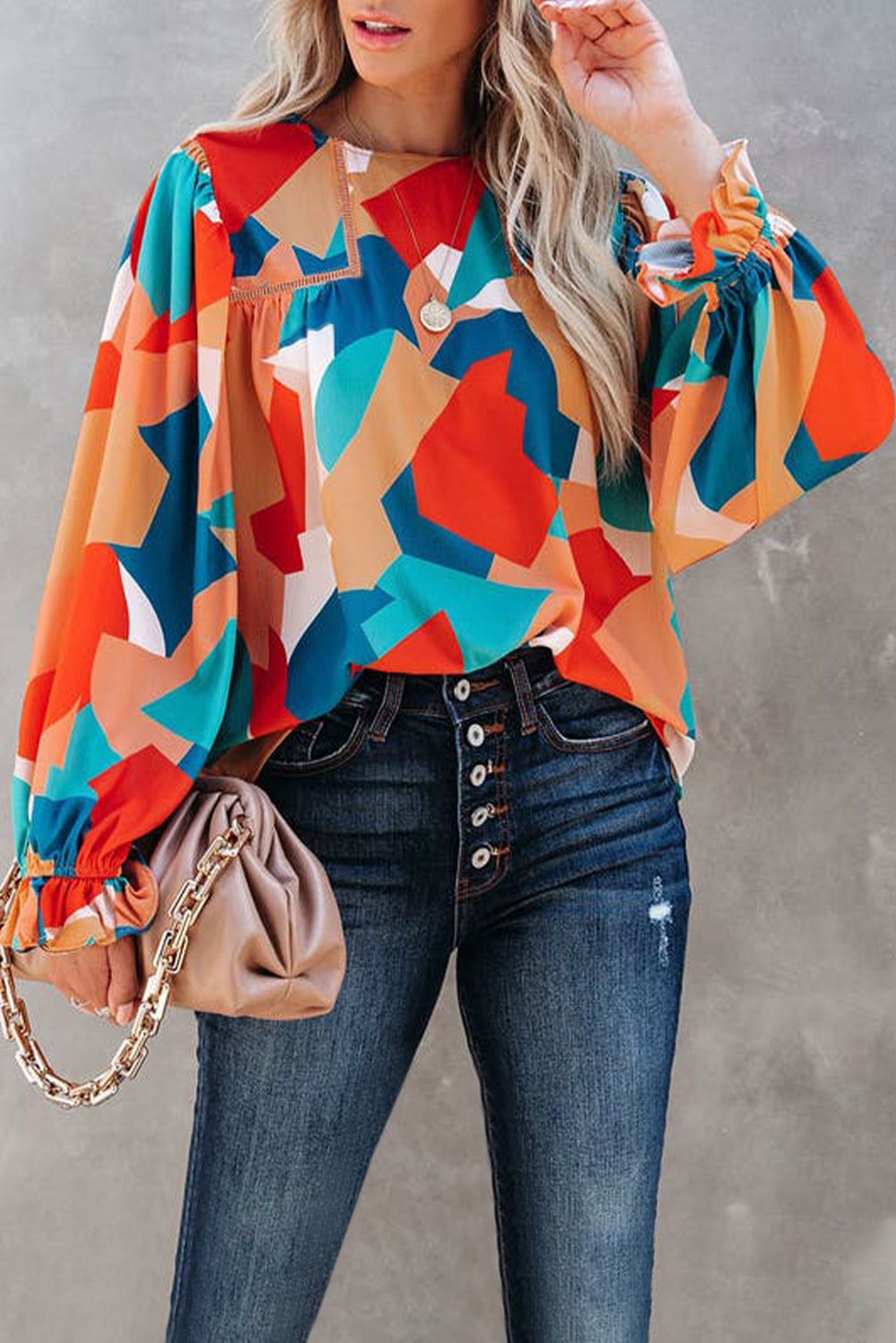 Multicolore Abstract Pattern Crewnack Clewle Sholeve Blouse