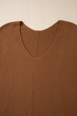 Camel Ribbed Knit Loose Sweater with Dropped Sleeves and V-Neck