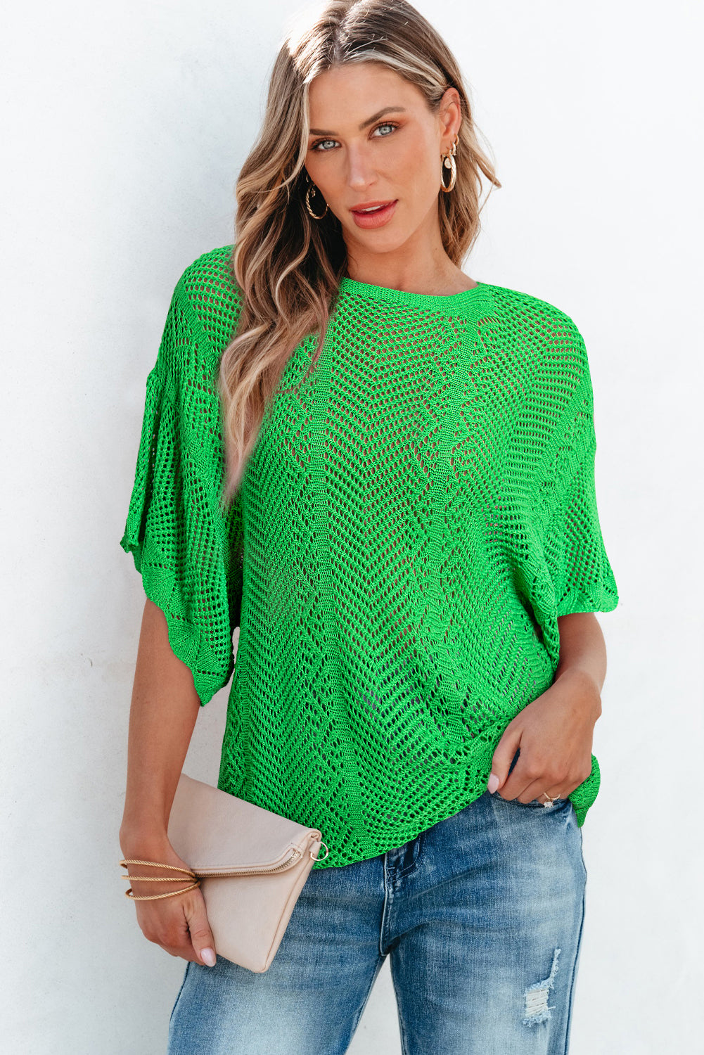 Green Pointelle Knit Scallop Edge de manga corta