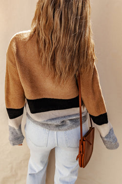 Brown Color Block Striped Ribbed Knit Sweater