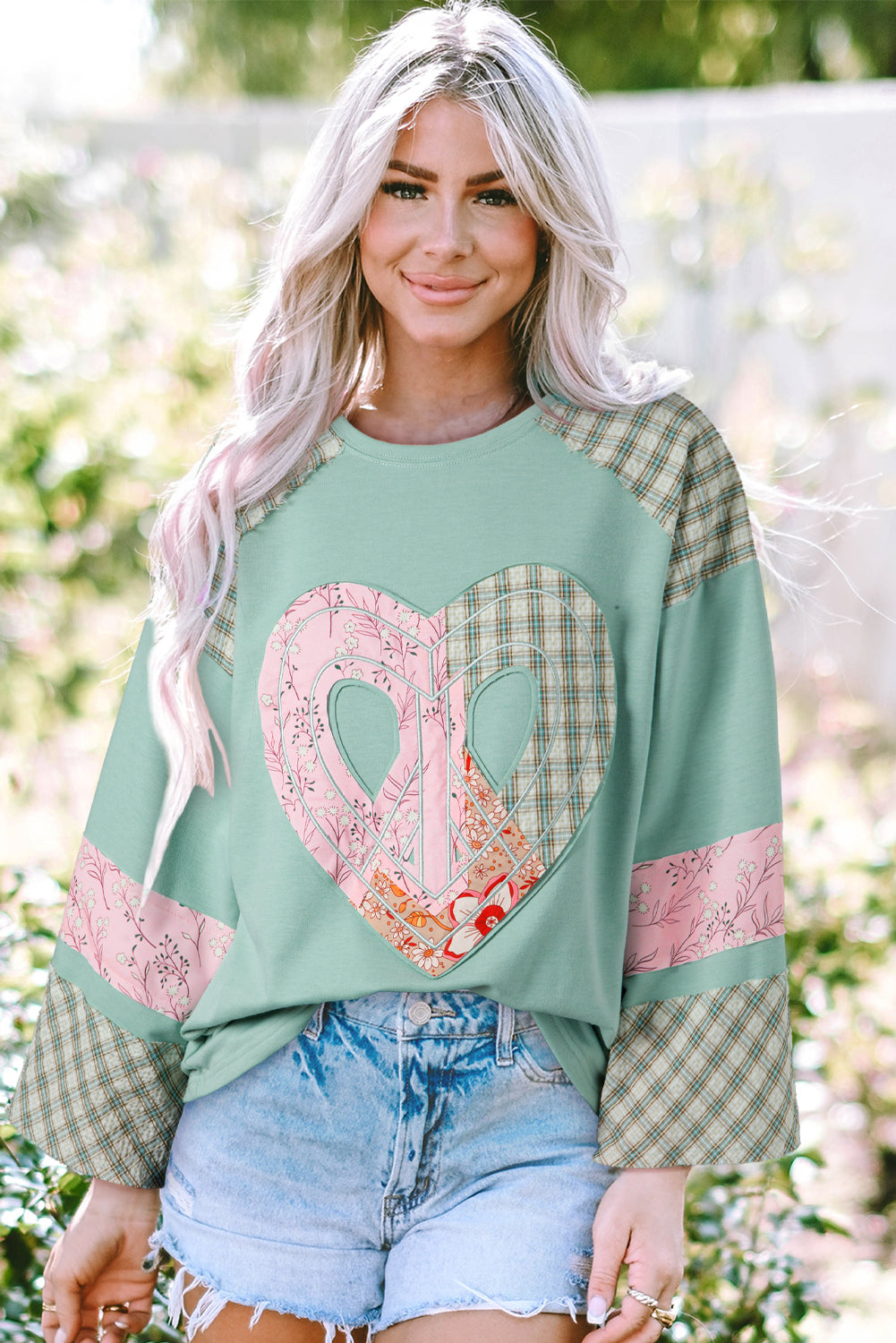 Chiaramente Aqua Plaid Floral Peace Heart Graphic Wide Long Sleeve Top