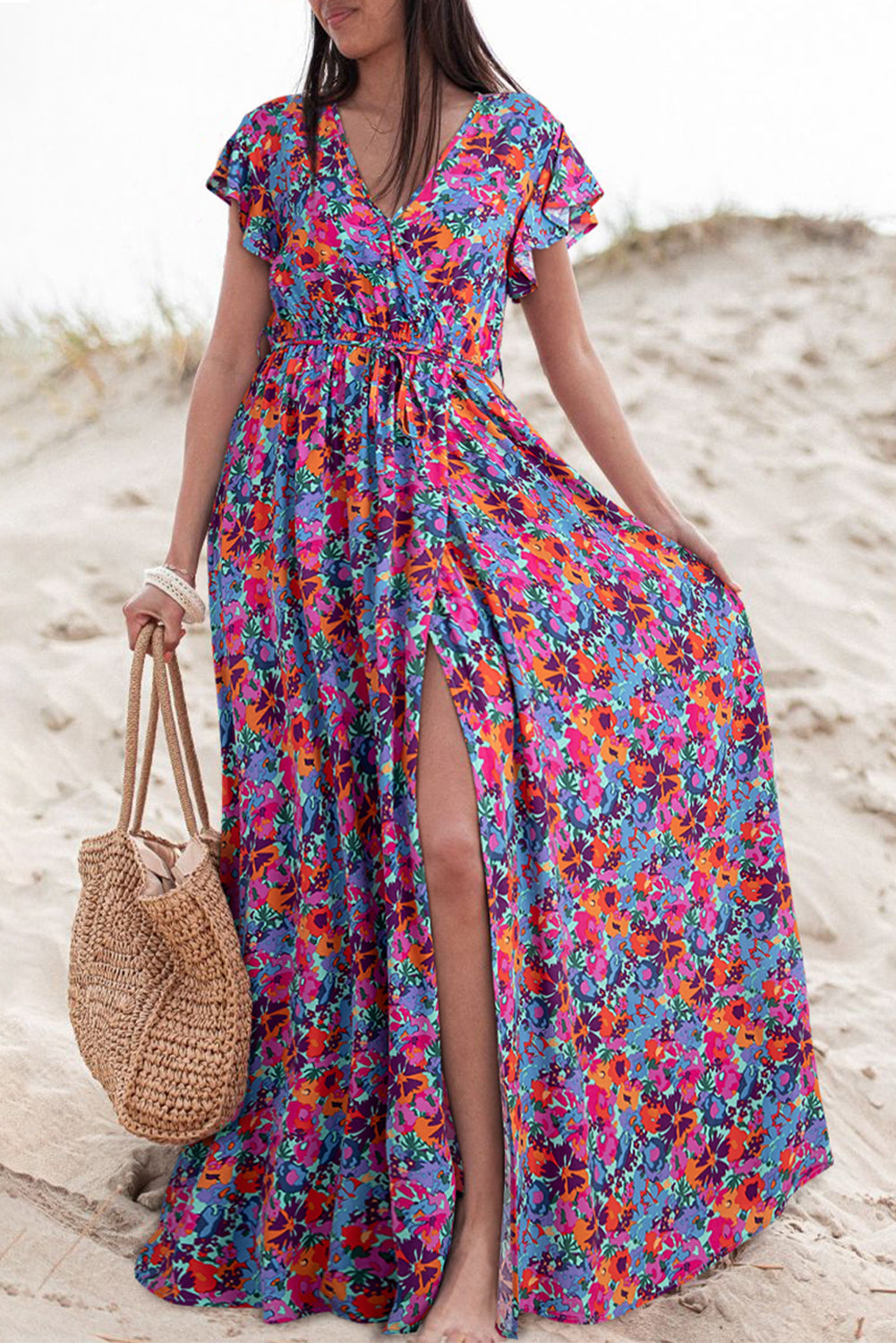 Blue Floral Print V-Neck Wrap Slit Maxi Dress