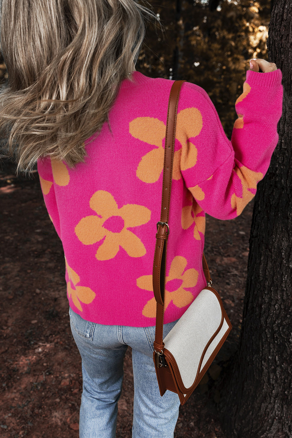 Long sleeve, high neck sweater with large pink flower pattern