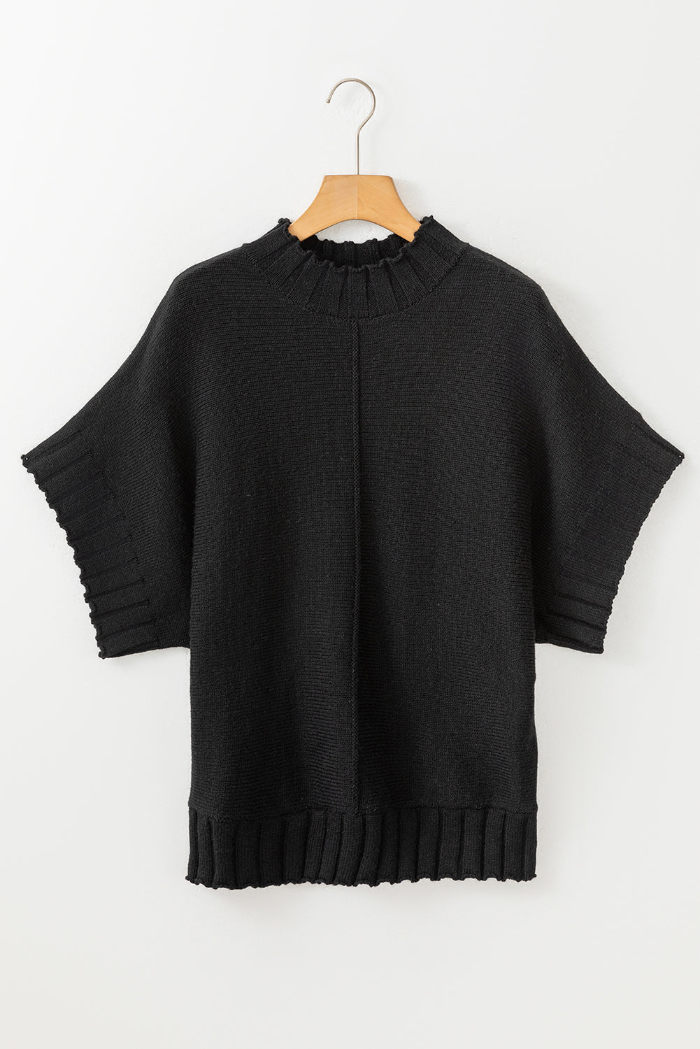 Black Mock Neck Batwing Short Sleeve Knit Sweater
