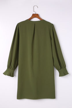 Green V-neck slit shirt dress with ruffle sleeves