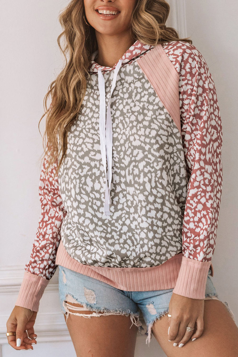 Pink Leopard Long Sleeve Kapuzen -Sweatshirt