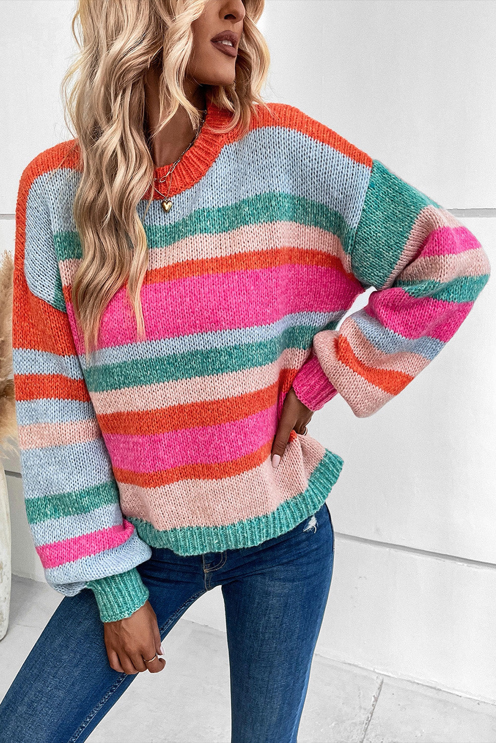 Mehrfarbiger gestreieter Strick -Drop -Schulterpuffarmpullover