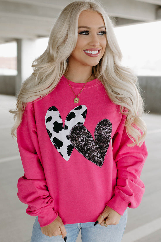 Strawberry Pink Sequin Double Heart Graphic Sweatshirt