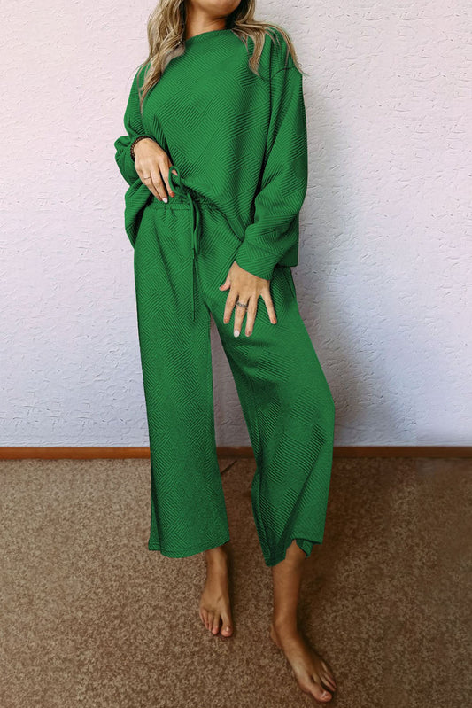 Dark Green Textured Loose 2 Piece Outfit