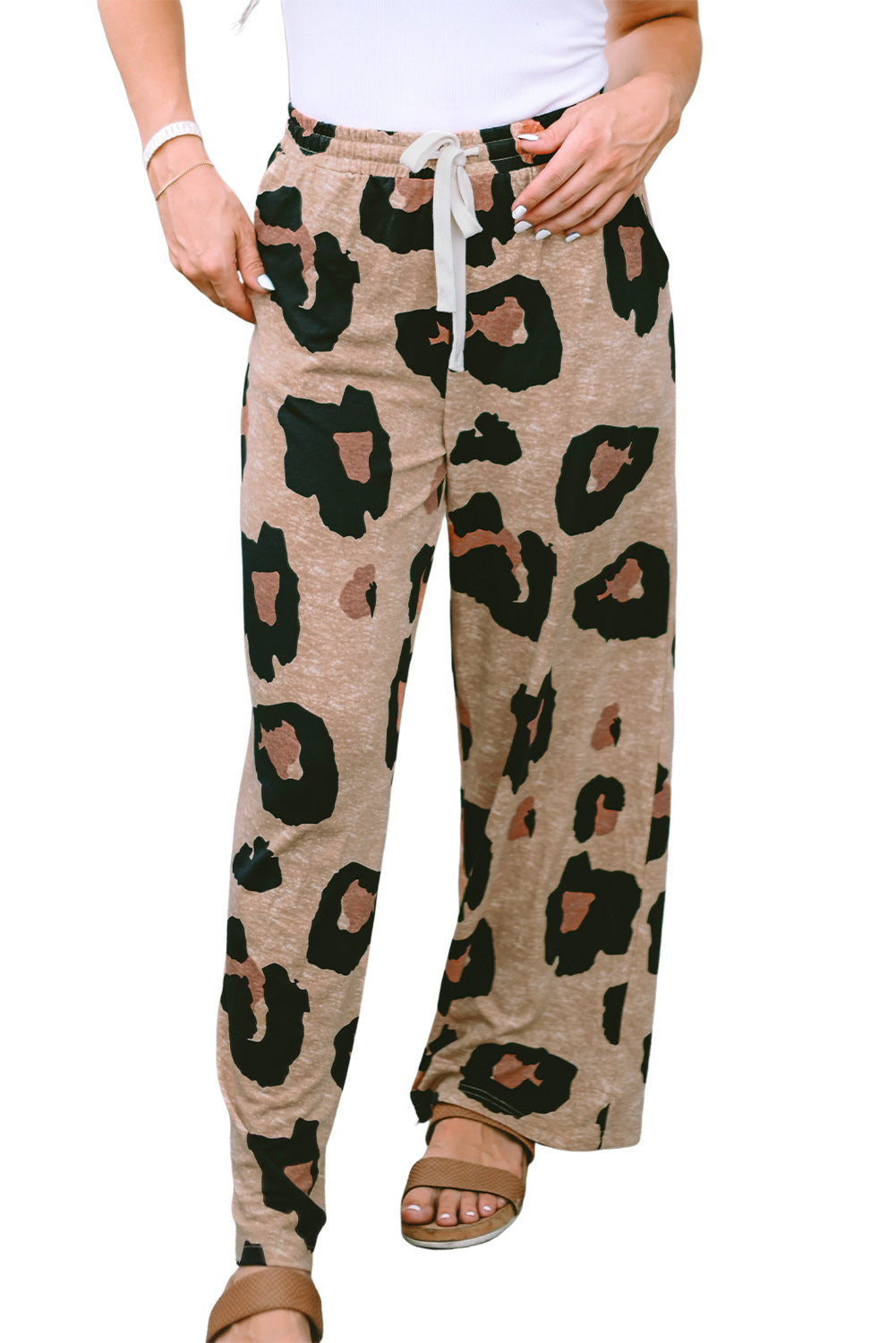 Pantalones casuales de pierna ancha con cordón de leopardo