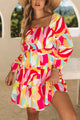 Multicolored dress with abstract print, puff sleeves, smocked, square neck