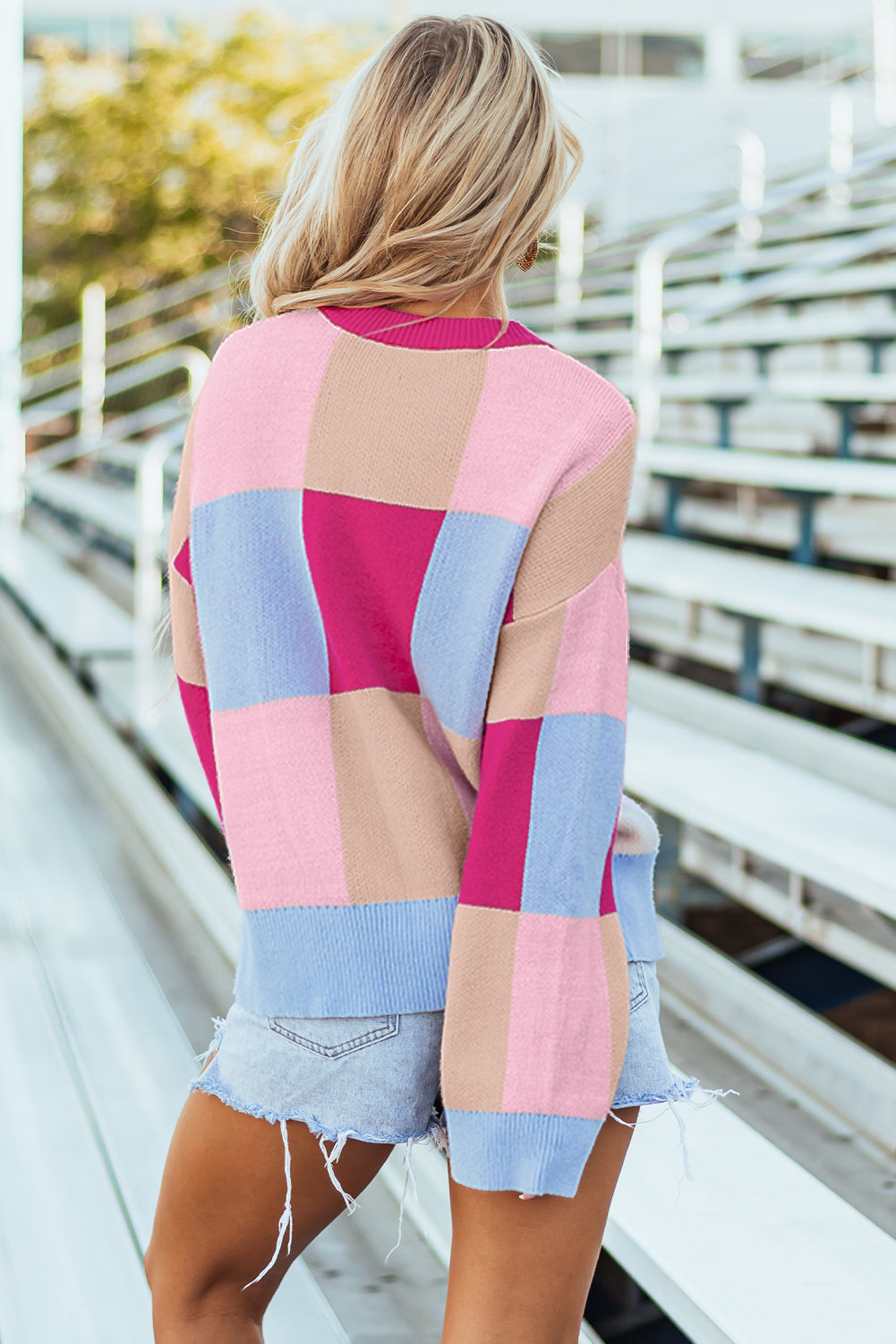 Pull ample à col rond et épaules tombantes en bloc de couleur rose rouge