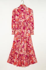 Robe longue taille haute smockée boutonnée à imprimé floral rose