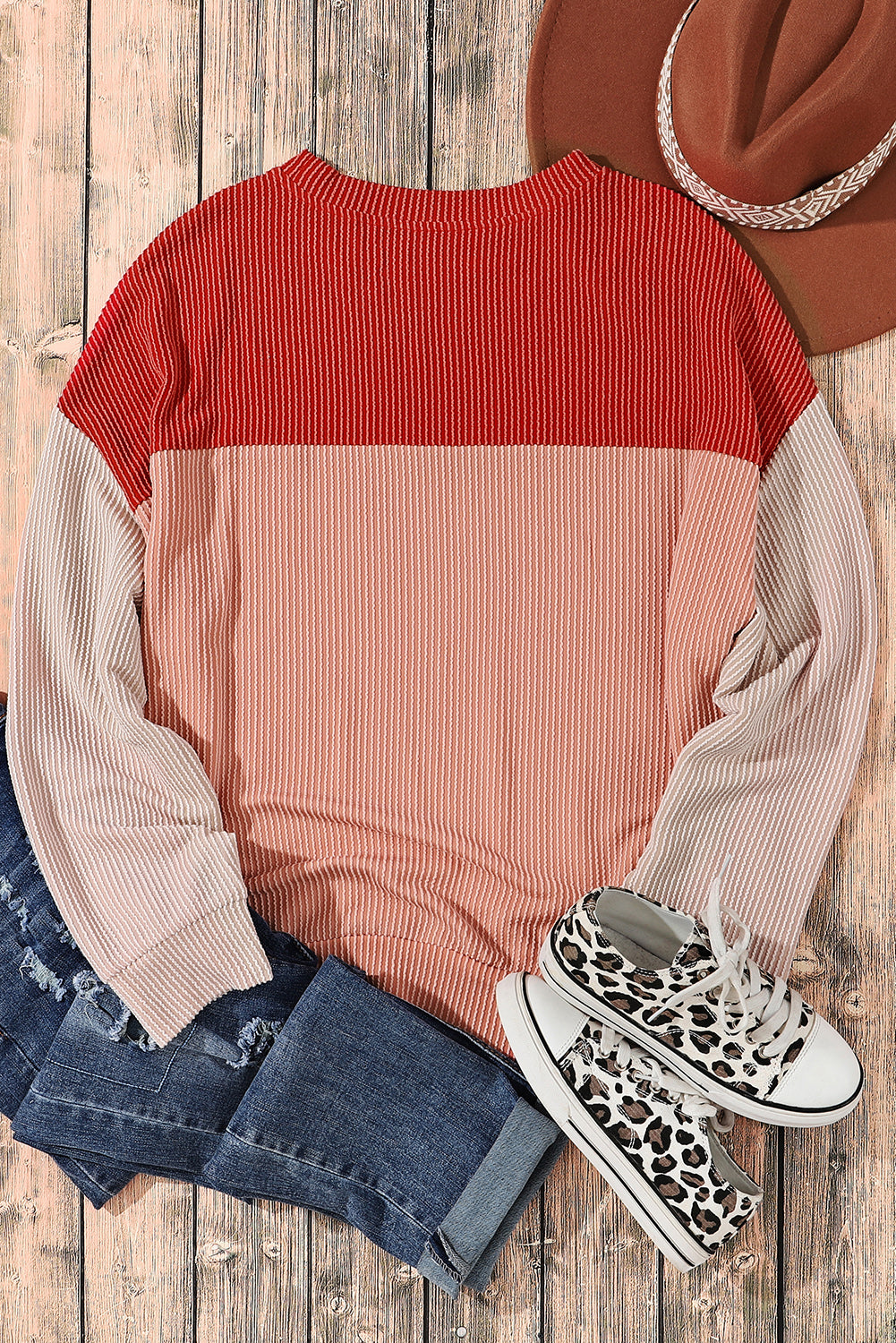 Fiery Red Color Block Long Sleeve Rimole Sliose