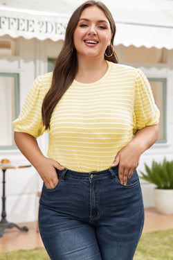 Yellow sweater with stripes and short puffy sleeves, large size