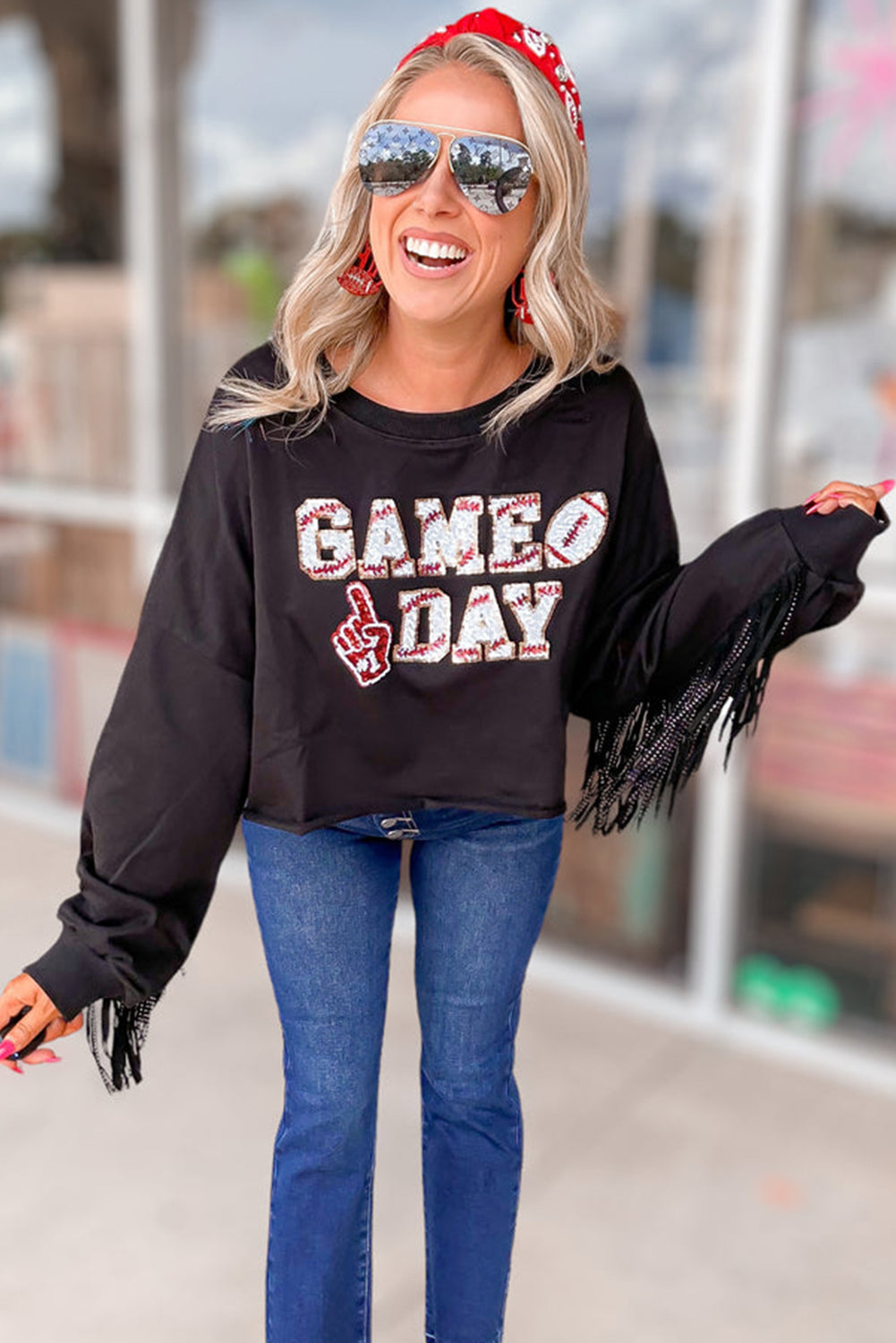 Sweat-shirt court noir à franges et sequins GAME DAY Rugby