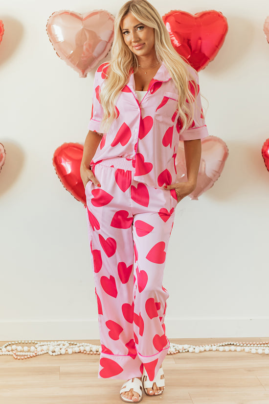 Ensemble pyjama pantalon à manches courtes rose coeur classique Saint-Valentin